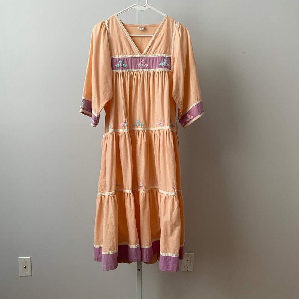 Vintage Cotton Boho Fairy Peasant‎ Embroidered Tiered Maxi Dress Small Peach